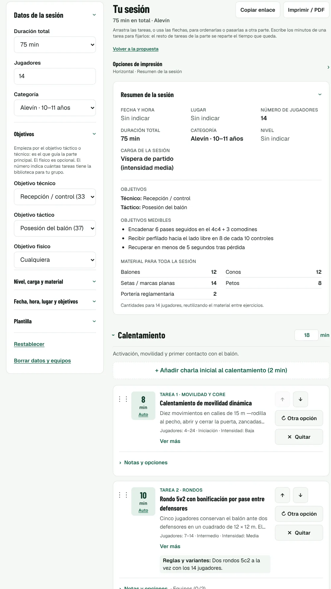 Sesión de 75 minutos para 14 alevines creada con «Planificar con IA»: resumen con carga de víspera de partido, objetivos medibles, material y las primeras tareas del calentamiento.