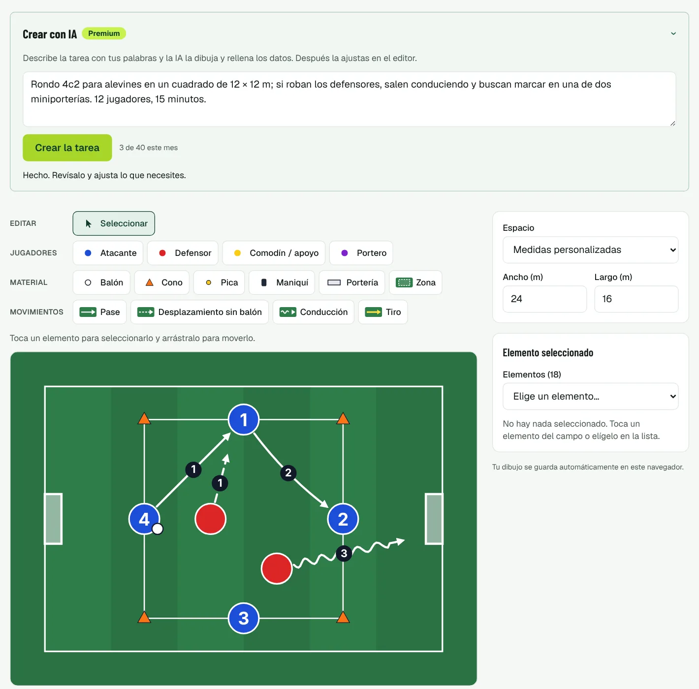 Creador de tareas tras «Crear con IA»: el rondo 4c2 dibujado con atacantes, defensores, conos, miniporterías y flechas numeradas.