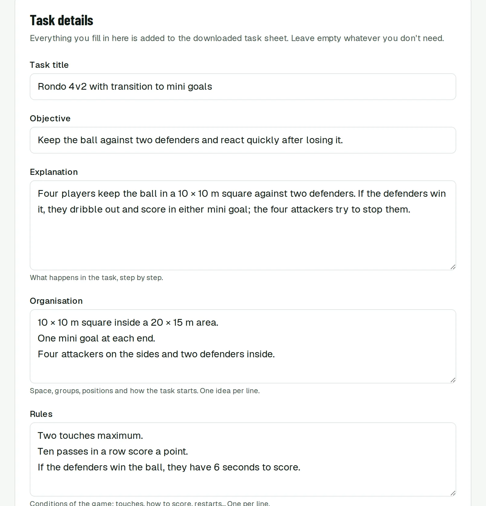 Task details form with the title, objective, explanation, organisation and rules of the 4v2 rondo filled in.