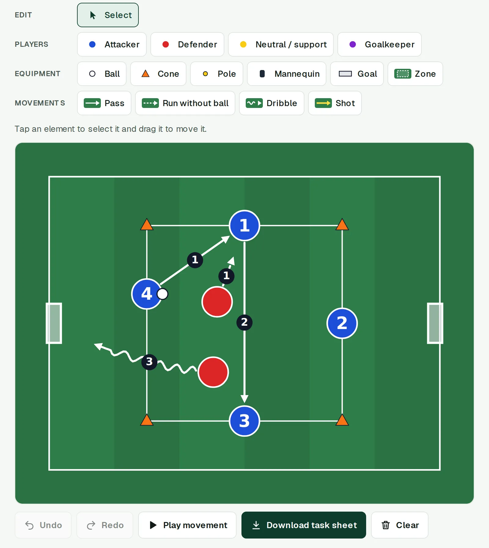 Task creator editor with the 4v2 rondo drawn: four attackers on the sides of the square, two defenders inside, two mini goals and numbered passes, run and dribble.
