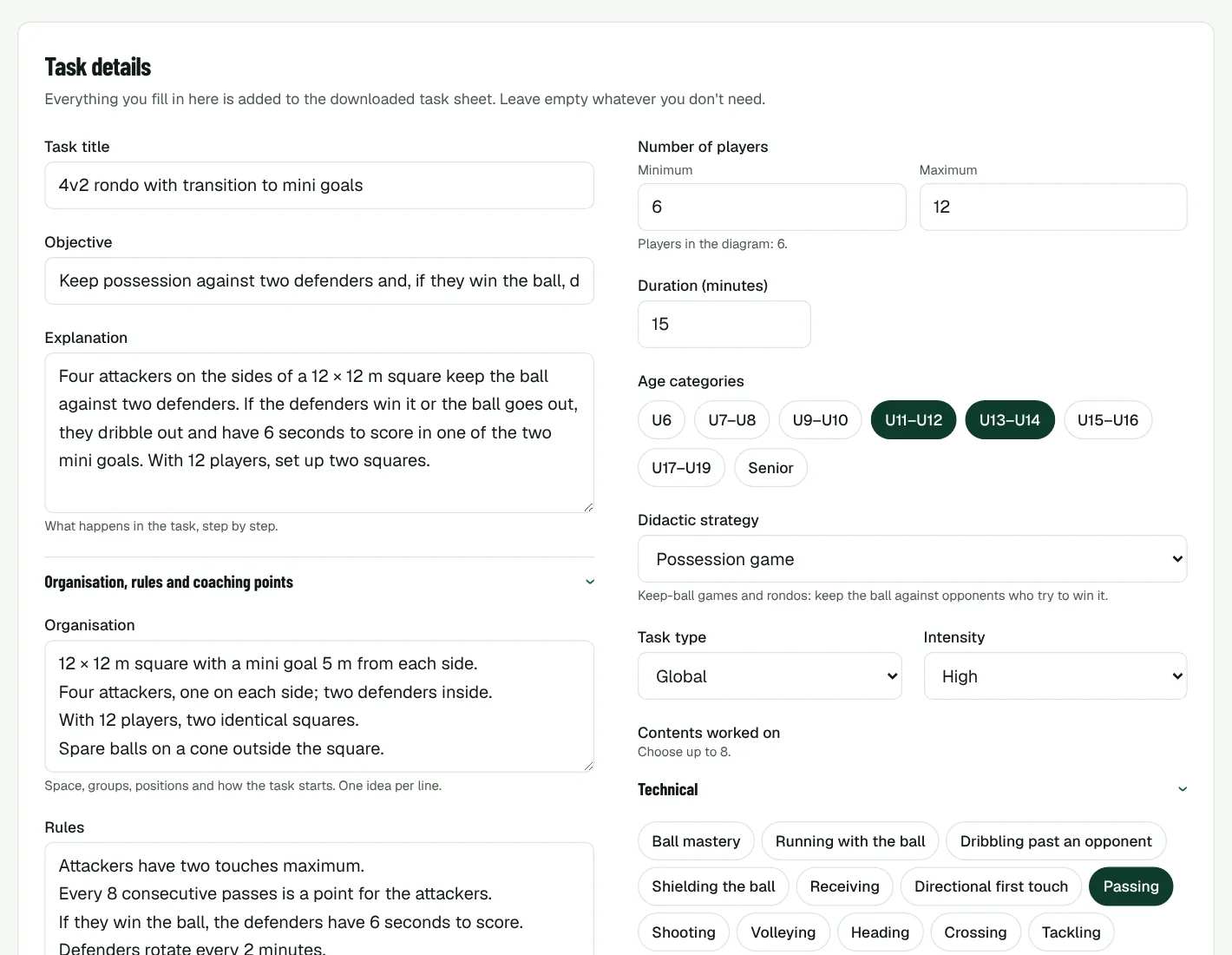 Task details filled in by the AI: title, objective, explanation, organisation, rules, players, duration, age groups, strategy, task type, intensity and contents.
