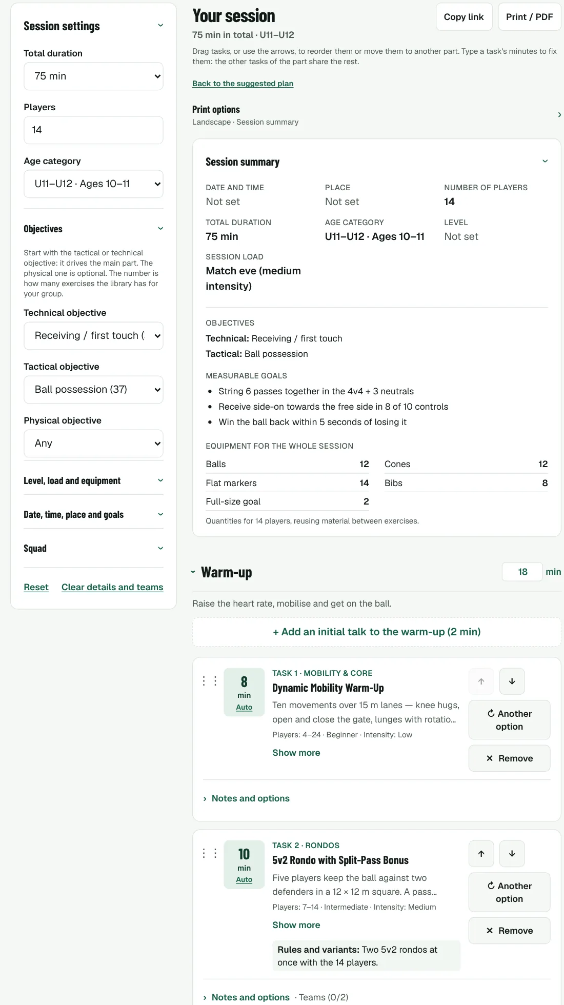 75-minute session for 14 U11 players built with Plan with AI: summary with match-eve load, measurable goals, equipment and the first warm-up tasks.