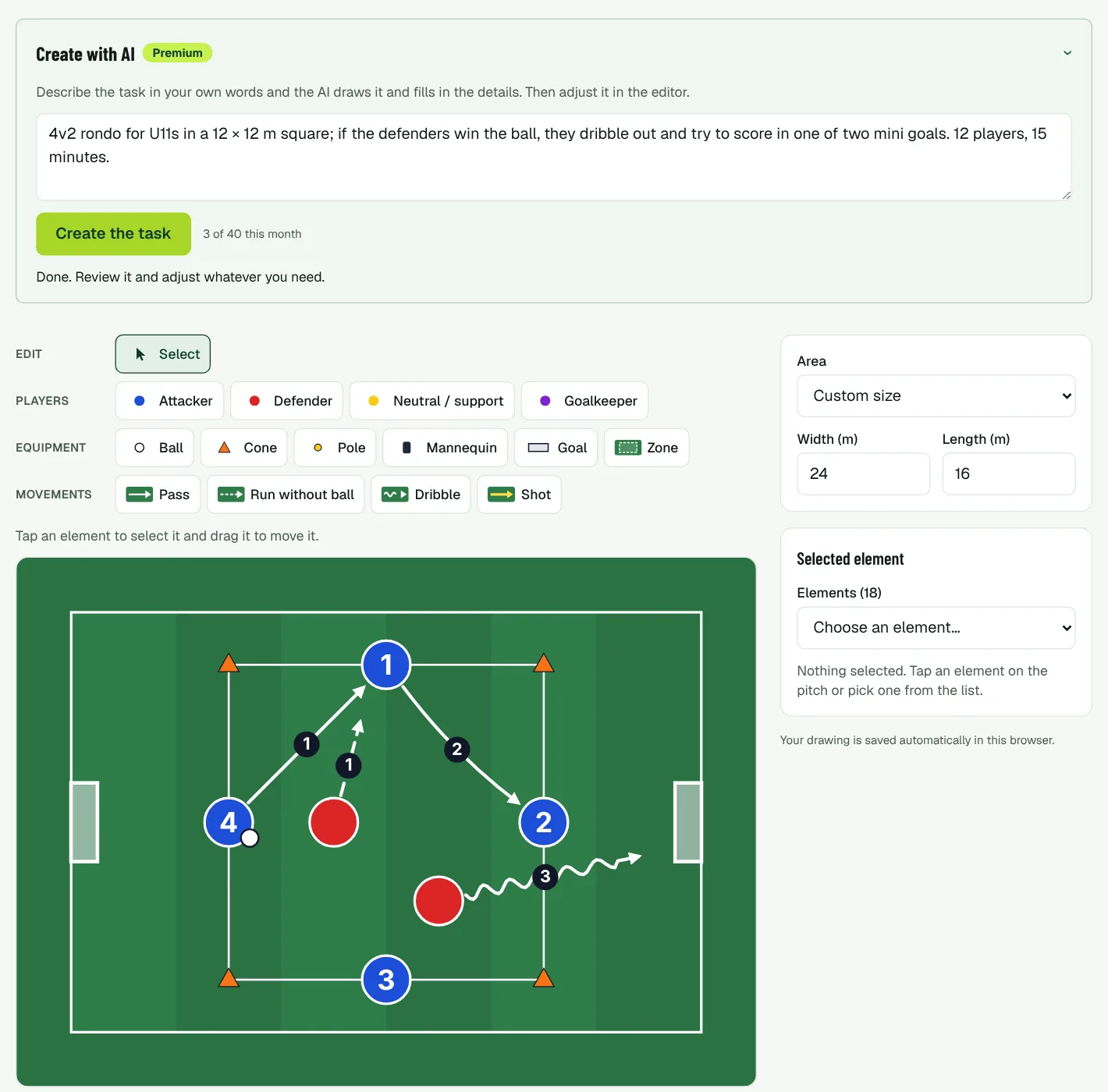Task creator after Create with AI: the 4v2 rondo drawn with attackers, defenders, cones, mini goals and numbered arrows.