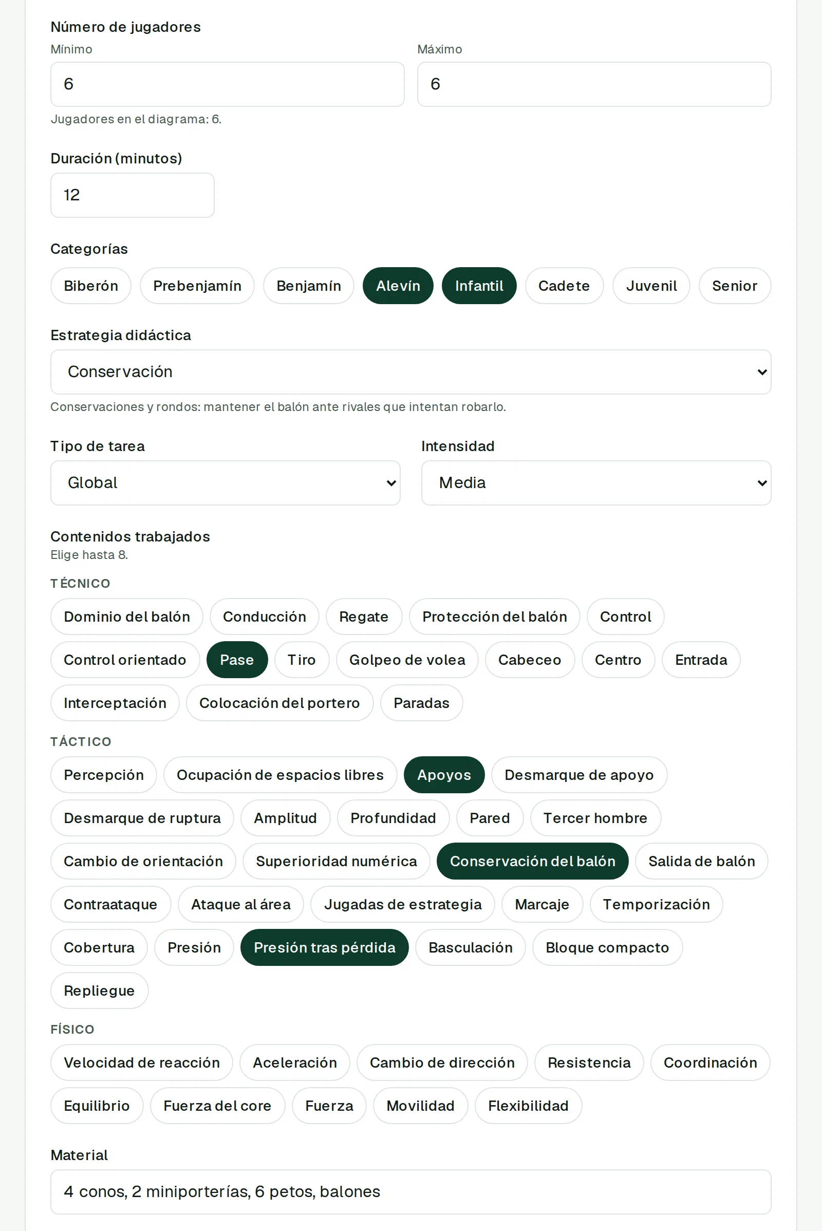 Clasificación de la tarea: 6 jugadores, 12 minutos, alevín e infantil, conservación, global, intensidad media y los contenidos pase, apoyos, conservación del balón y presión tras pérdida.