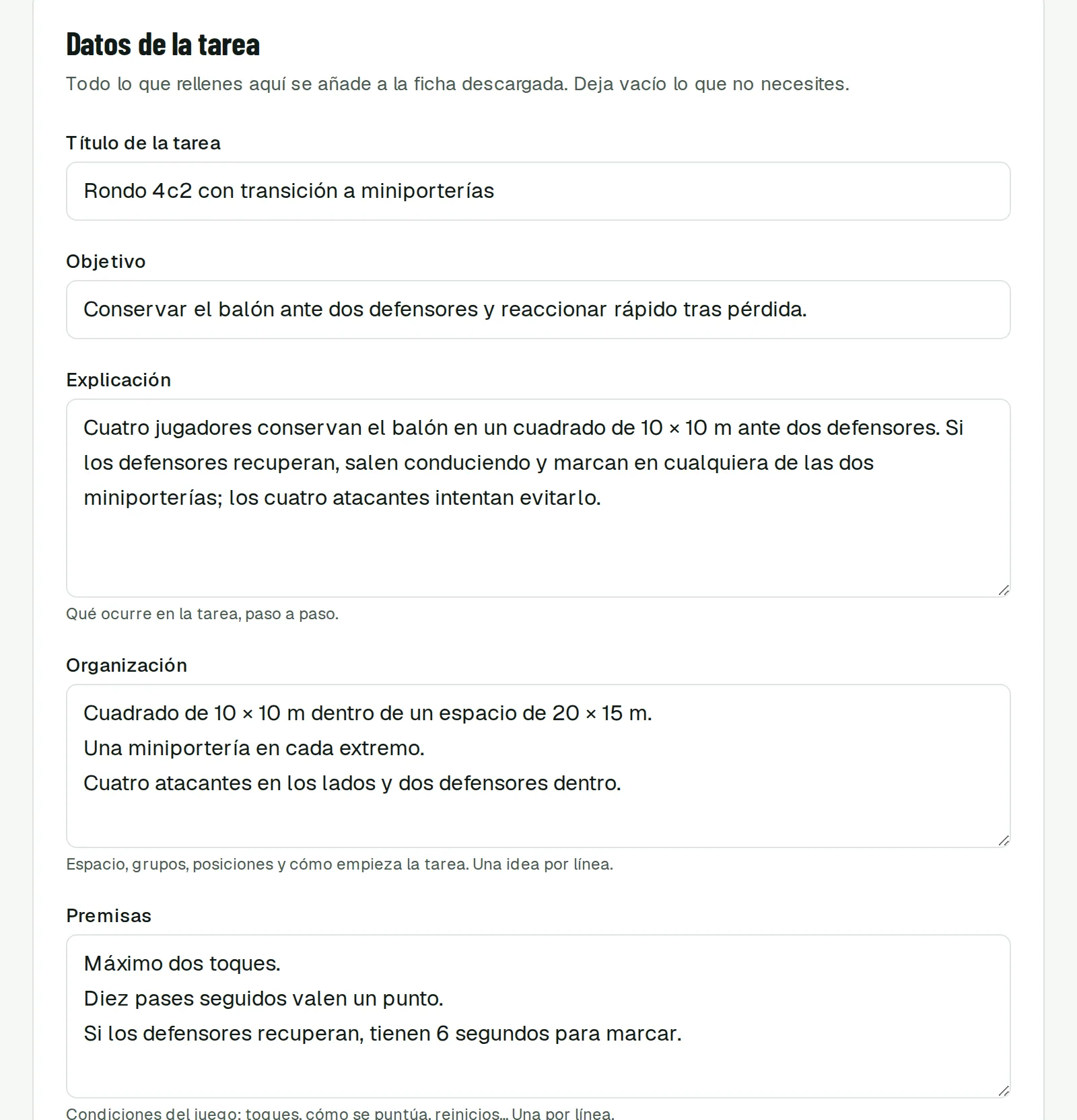 Formulario de datos de la tarea con el título, objetivo, explicación, organización y premisas del rondo 4c2 rellenados.
