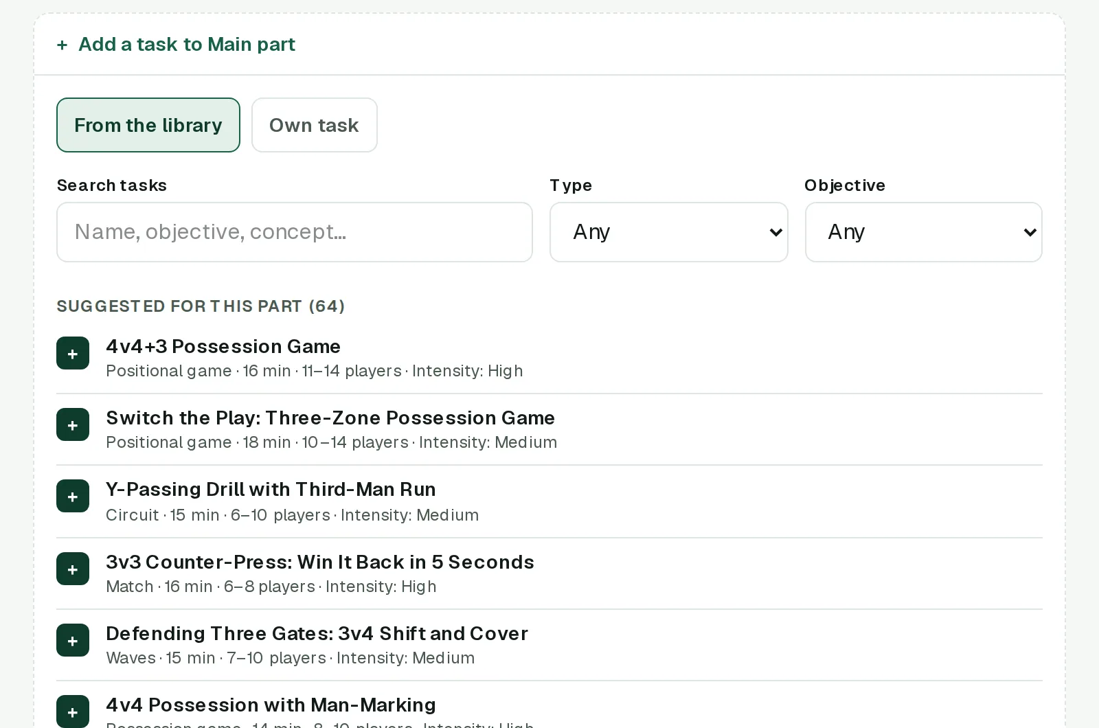 Panel to add a task to the main part, with a search box, type and objective filters and the list of suggested tasks.