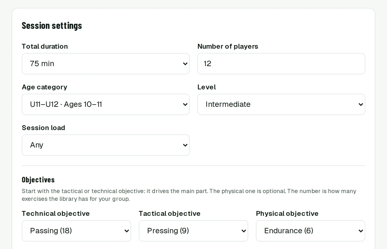 Session settings form: 75 min, 12 players, U11–U12, intermediate level, and passing, pressing and endurance as objectives.