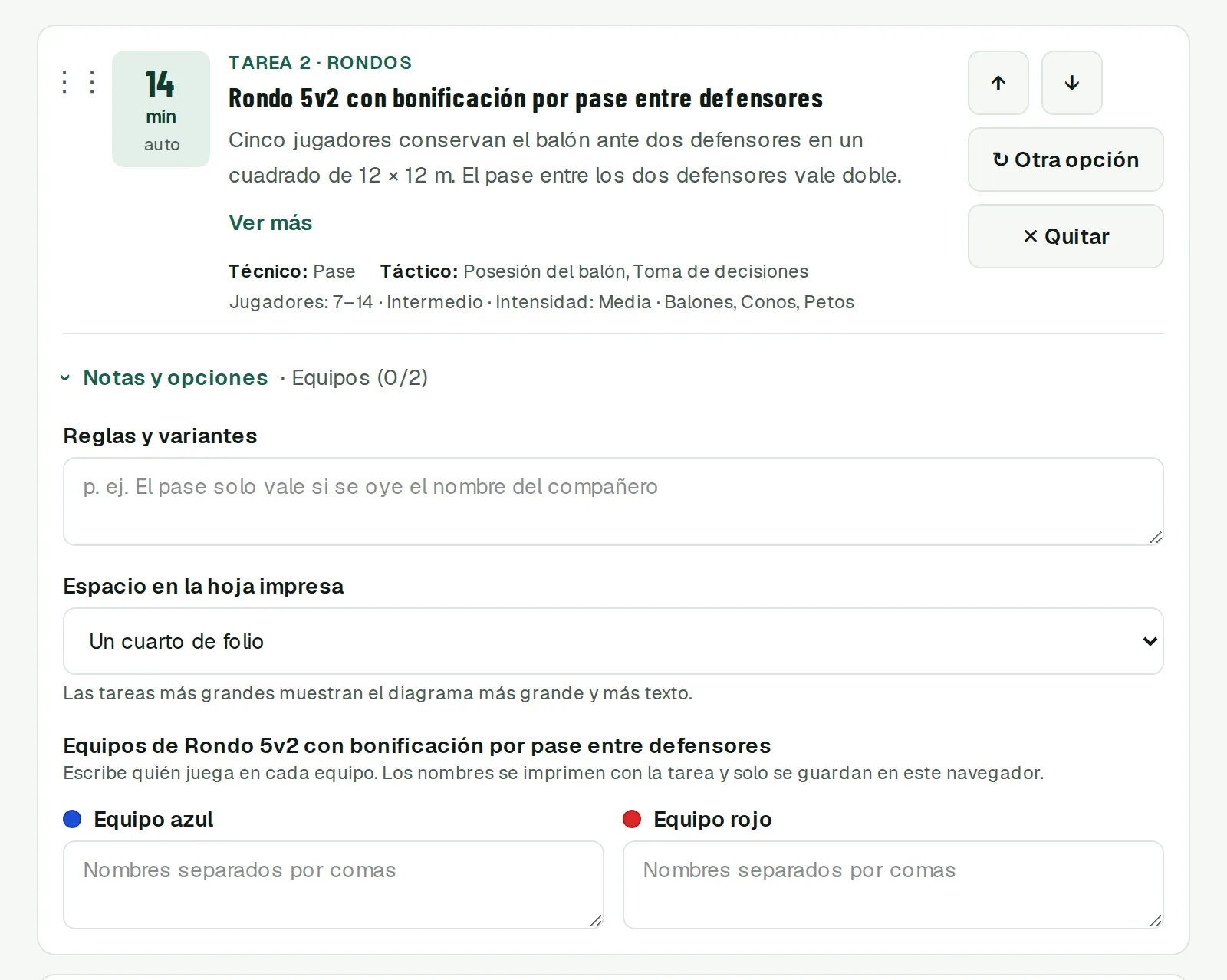 Una tarea de la parte principal con las notas y opciones abiertas: reglas y variantes, espacio en la hoja impresa y los jugadores de cada equipo.